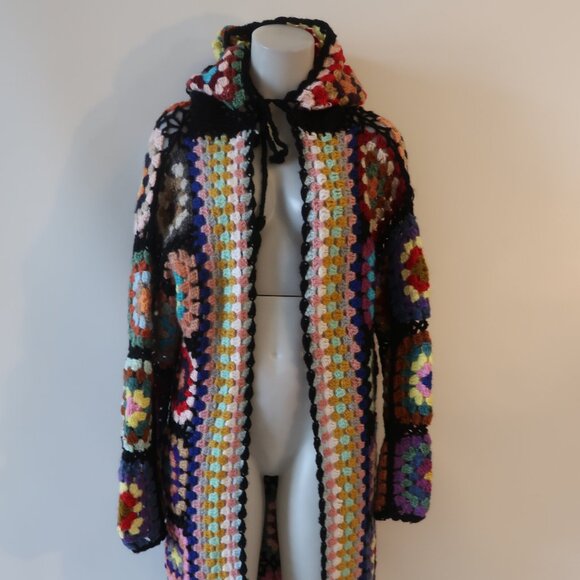 NWT Womens Tina Demel Multicolor Hood Granny Square Crochet Cardigan Sweater M/L - Picture 5 of 13